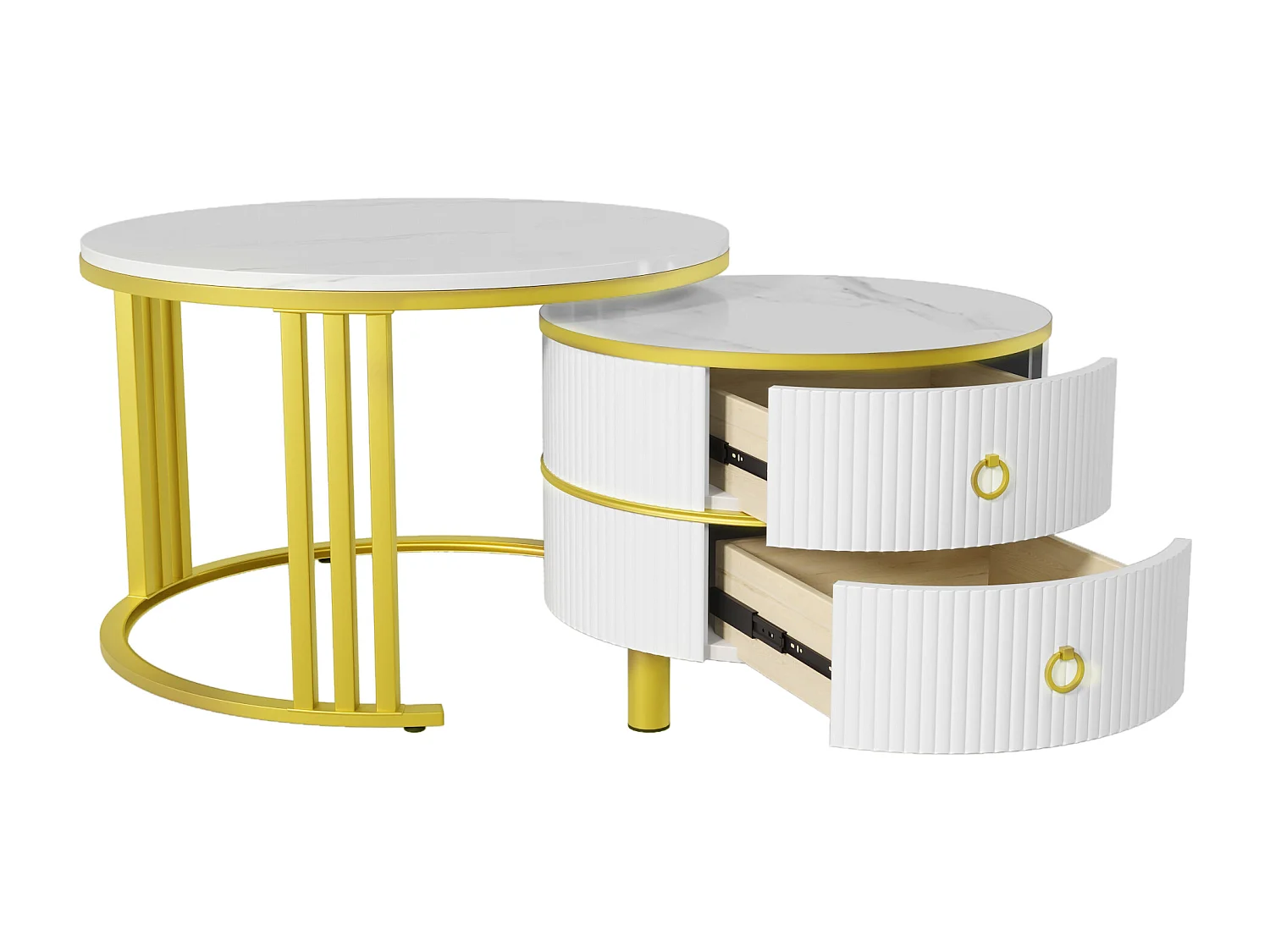 Set of 2 nesting coffee tables with 2 drawers - marble pattern top - Gold & White