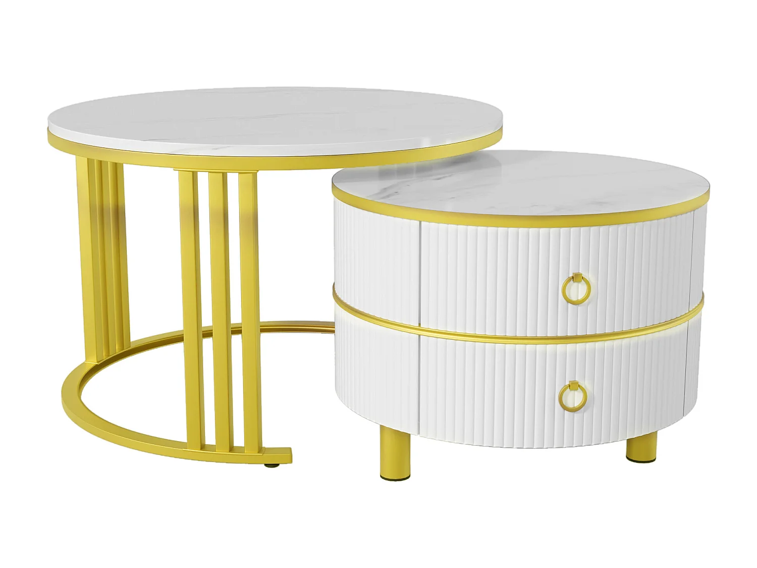 Set of 2 nesting coffee tables with 2 drawers - marble pattern top - Gold & White