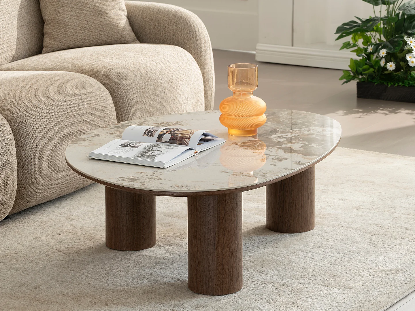 Table basse Dona - Bois naturel avec plateau en céramique finition noyer 110 cm - Homeluxury