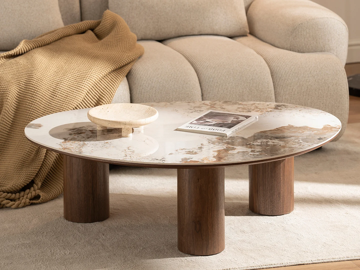 Table basse Dona - Bois naturel avec plateau en céramique finition noyer 110 cm - Homeluxury