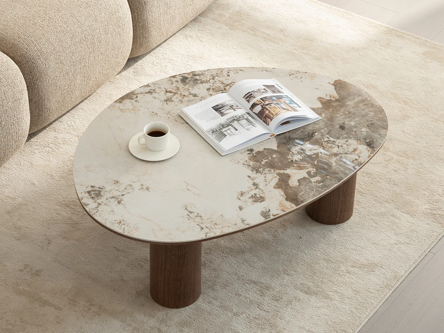 Table basse Dona - Bois naturel avec plateau en céramique finition noyer 110 cm - Homeluxury