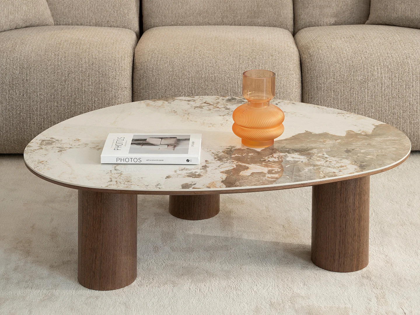 Table basse Dona - Bois naturel avec plateau en céramique finition noyer 110 cm - Homeluxury