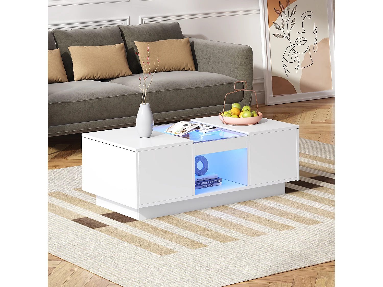 Coffee table with LED lighting - 2 drawers & 1 open compartment - White