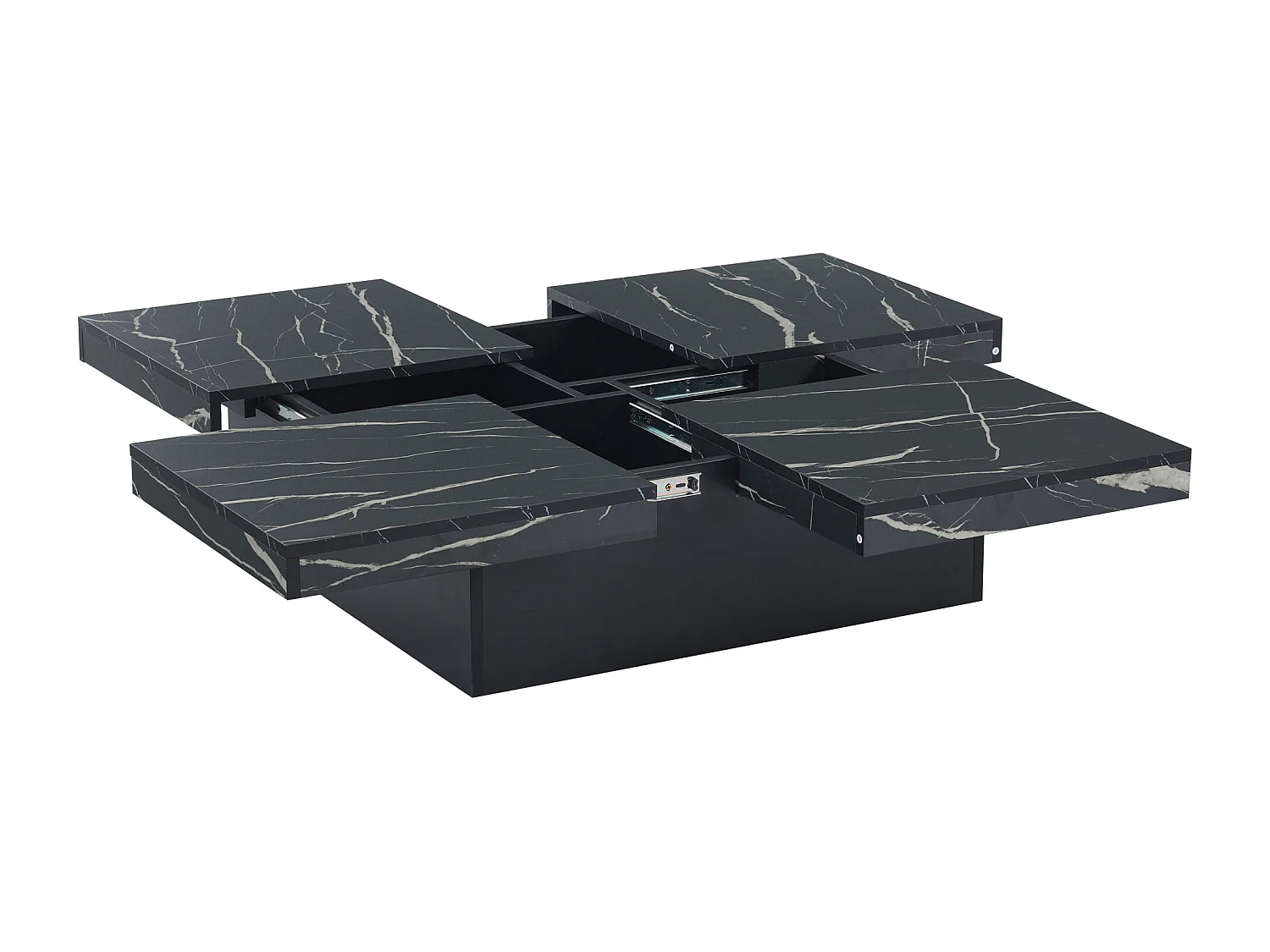 Modern square coffee table - marble effect - 90x90x25cm - 4 sliding drawers - Black