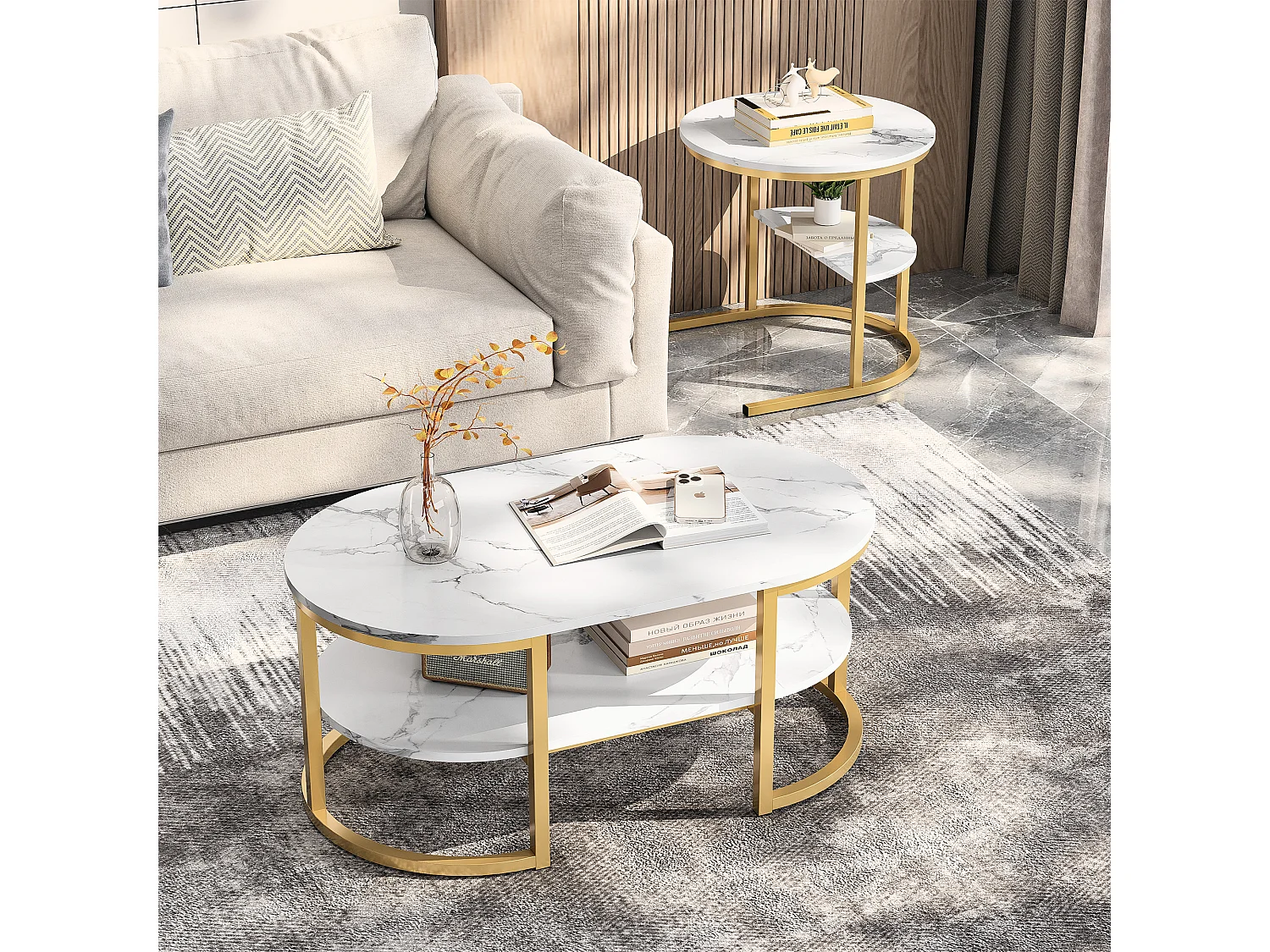Set van 2 salontafels - Marmerlook - Met metalen frame en plank - voor de woonkamer, ovaal goudkleurig