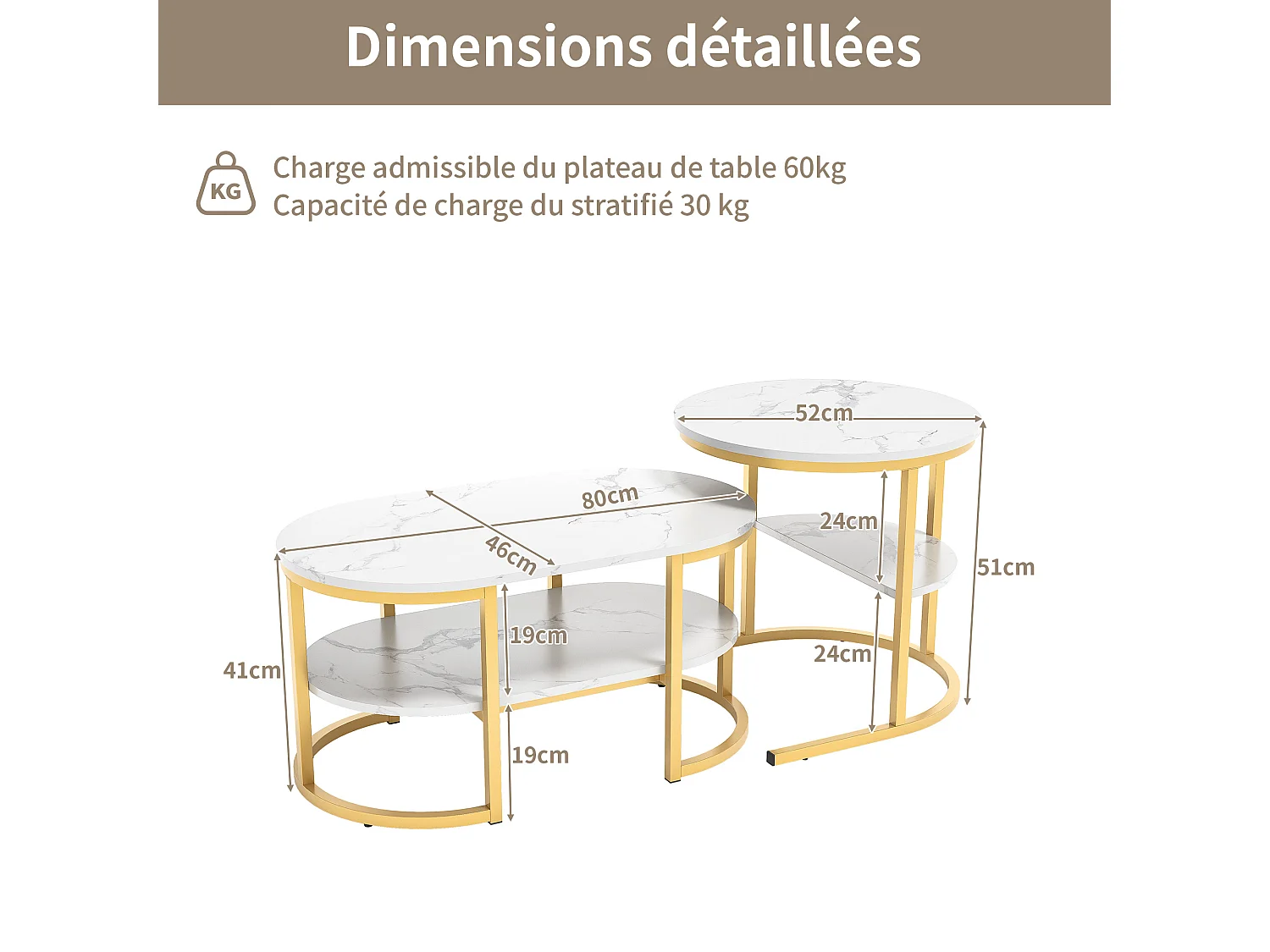 Set van 2 salontafels - Marmerlook - Met metalen frame en plank - voor de woonkamer, ovaal goudkleurig