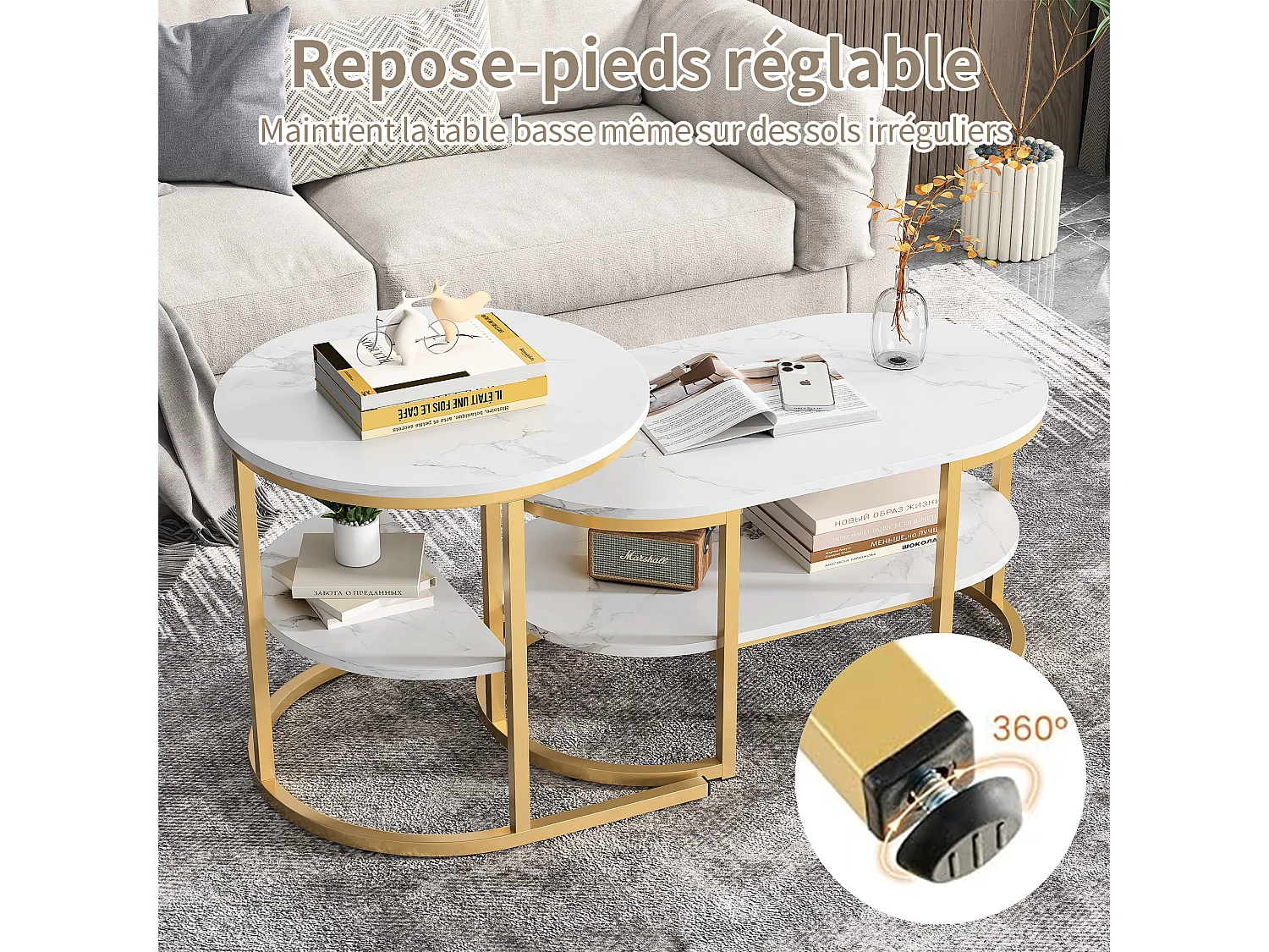 Set van 2 salontafels - Marmerlook - Met metalen frame en plank - voor de woonkamer, ovaal goudkleurig