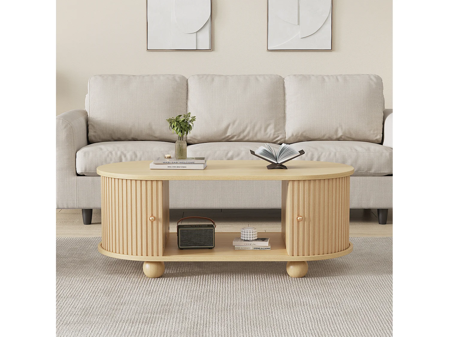 Coffee Table 100x50x40cm - with Storage - with Sliding Doors - Natural