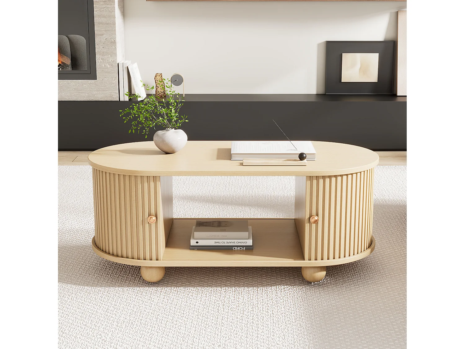 Coffee Table 100x50x40cm - with Storage - with Sliding Doors - Natural