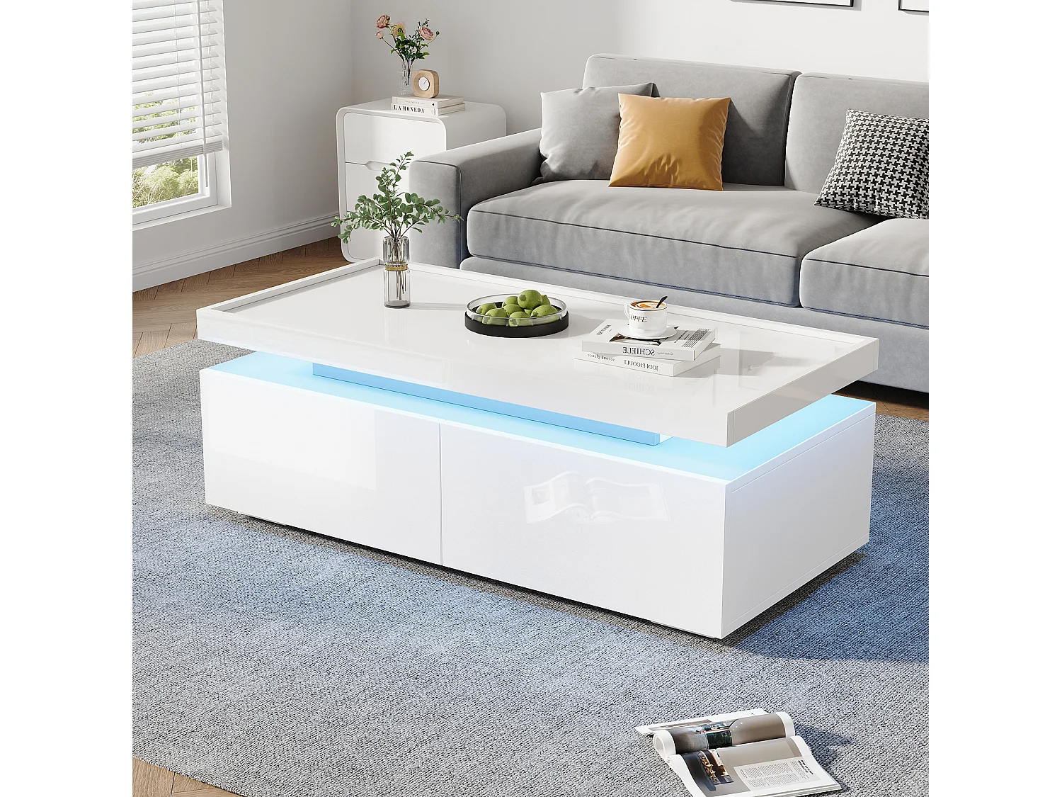 High Gloss Coffee Table 95x45x35 cm - with LED Lighting - with 2 Drawers - Particleboard - White