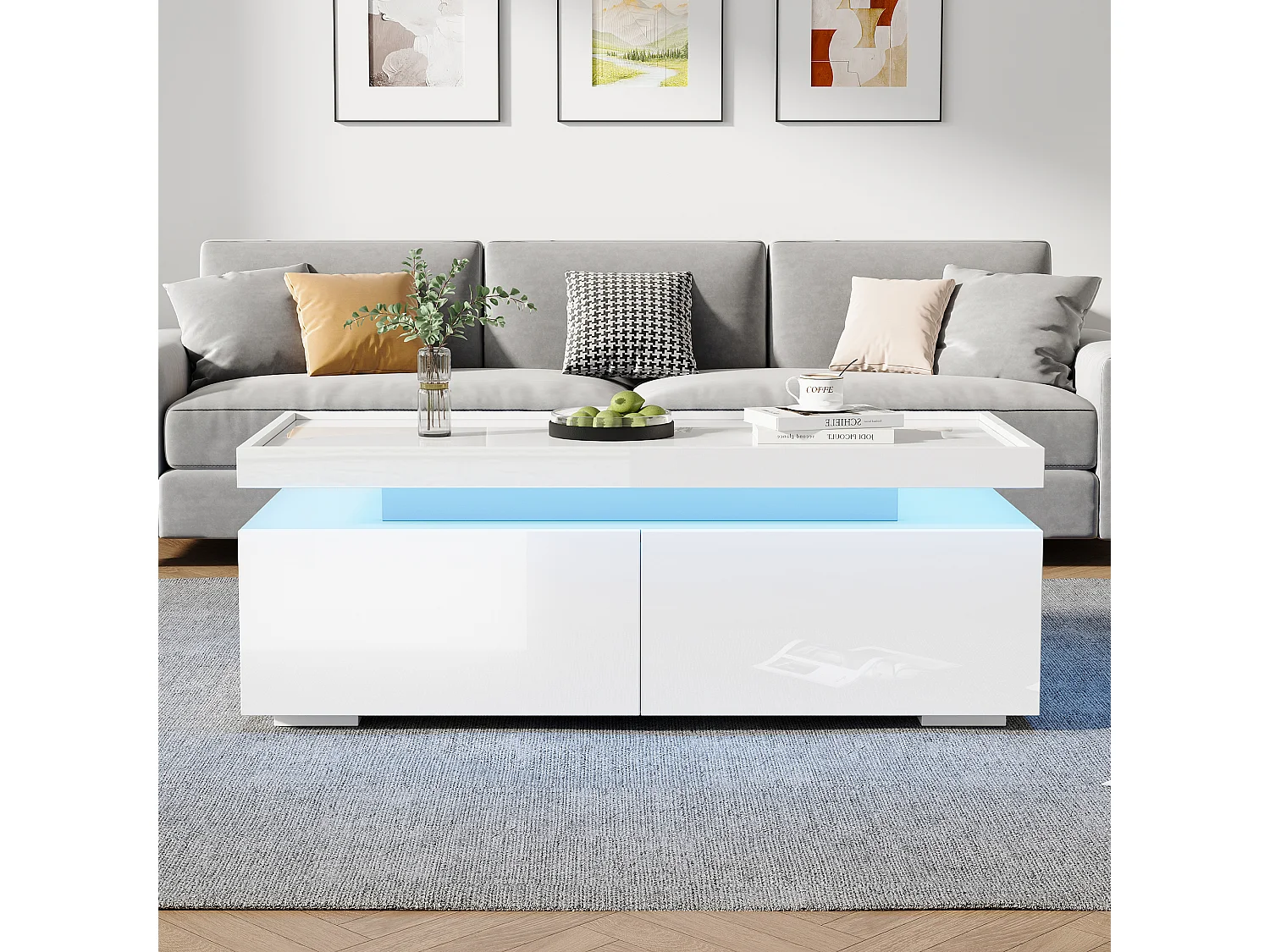 High Gloss Coffee Table 95x45x35 cm - with LED Lighting - with 2 Drawers - Particleboard - White