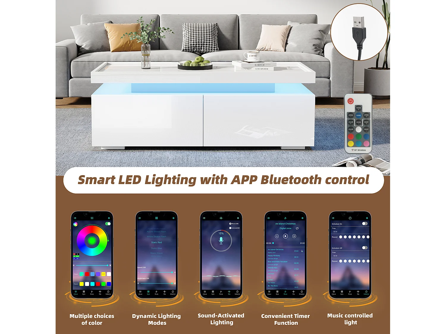 High Gloss Coffee Table 95x45x35 cm - with LED Lighting - with 2 Drawers - Particleboard - White
