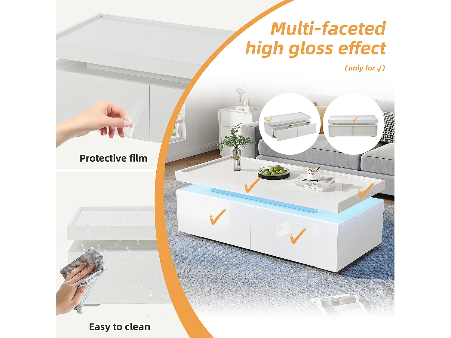 High Gloss Coffee Table 95x45x35 cm - with LED Lighting - with 2 Drawers - Particleboard - White