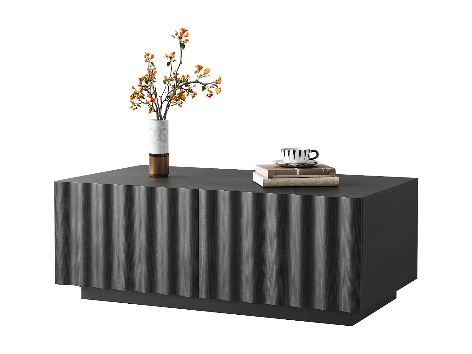 Couchtisch mit Wellenmuster – 100 x 50 x 40 cm – mit 2 Schubladen – modern und minimalistisch – MDF + Spanplatte – schwarz