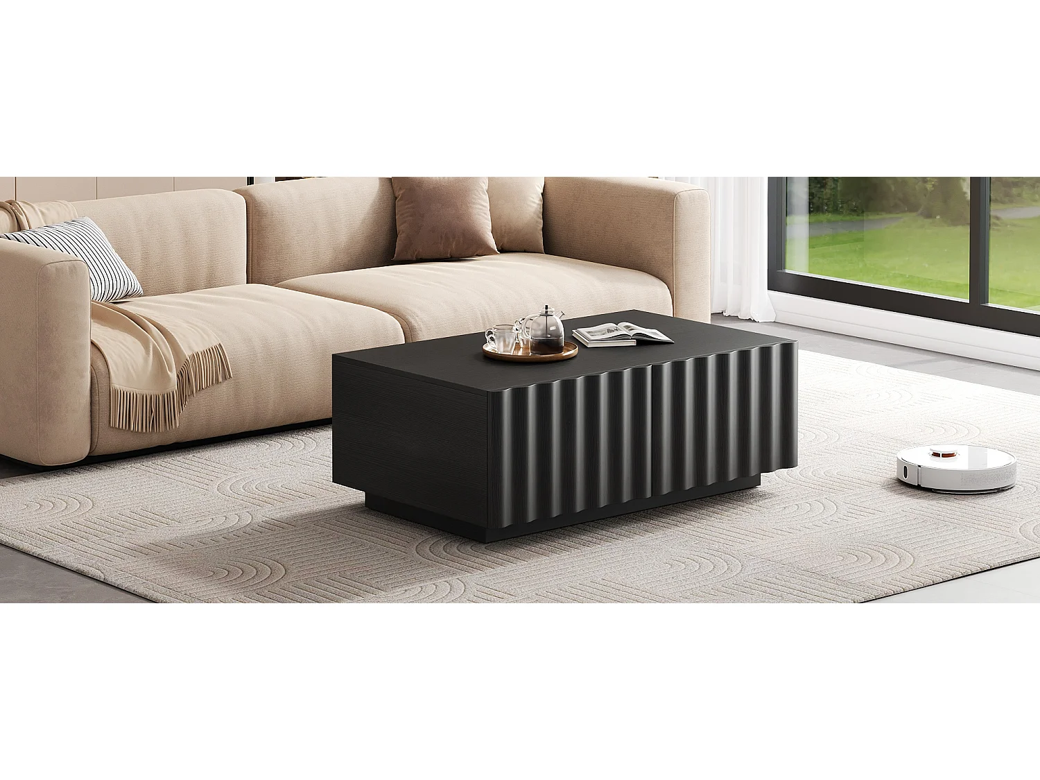 Couchtisch mit Wellenmuster – 100 x 50 x 40 cm – mit 2 Schubladen – modern und minimalistisch – MDF + Spanplatte – schwarz