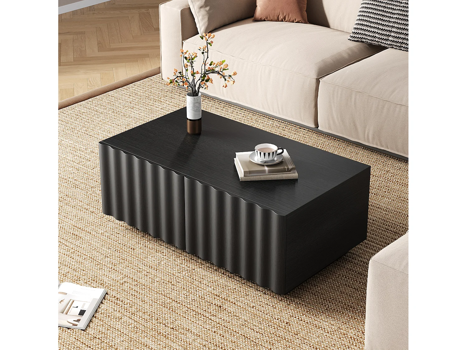 Couchtisch mit Wellenmuster – 100 x 50 x 40 cm – mit 2 Schubladen – modern und minimalistisch – MDF + Spanplatte – schwarz