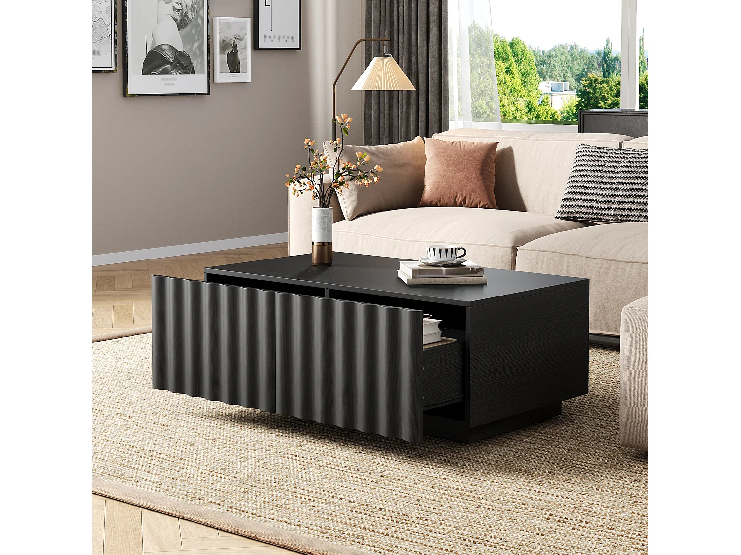Couchtisch mit Wellenmuster – 100 x 50 x 40 cm – mit 2 Schubladen – modern und minimalistisch – MDF + Spanplatte – schwarz