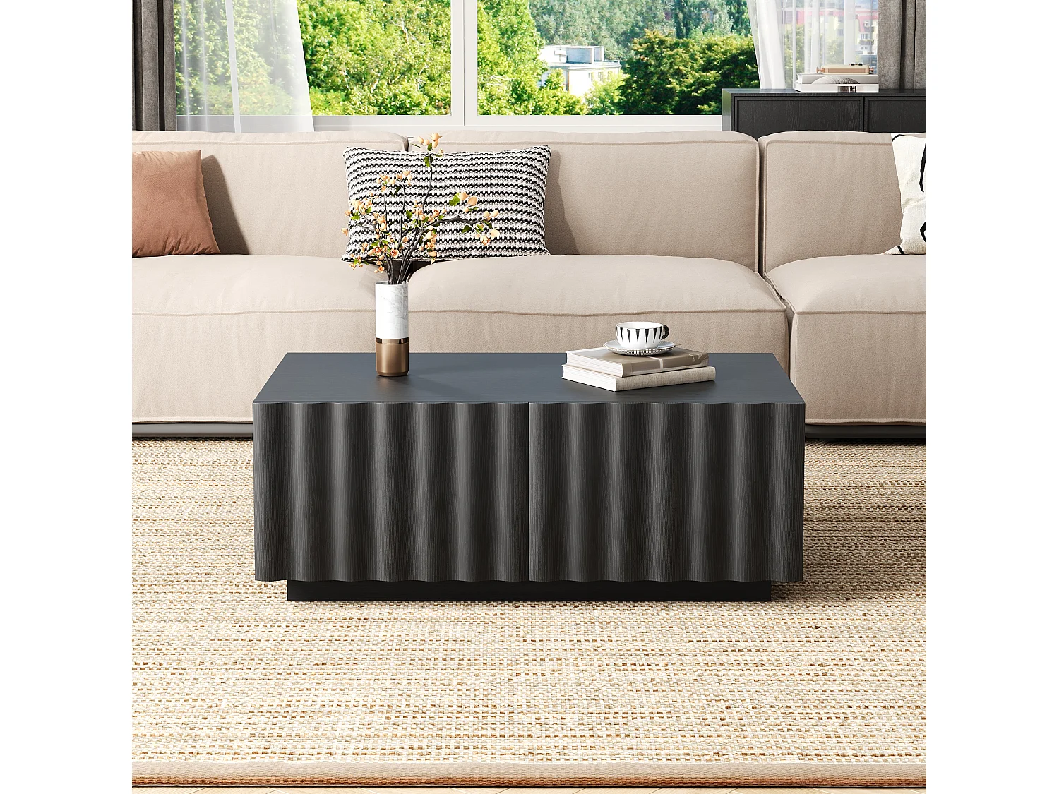 Couchtisch mit Wellenmuster – 100 x 50 x 40 cm – mit 2 Schubladen – modern und minimalistisch – MDF + Spanplatte – schwarz