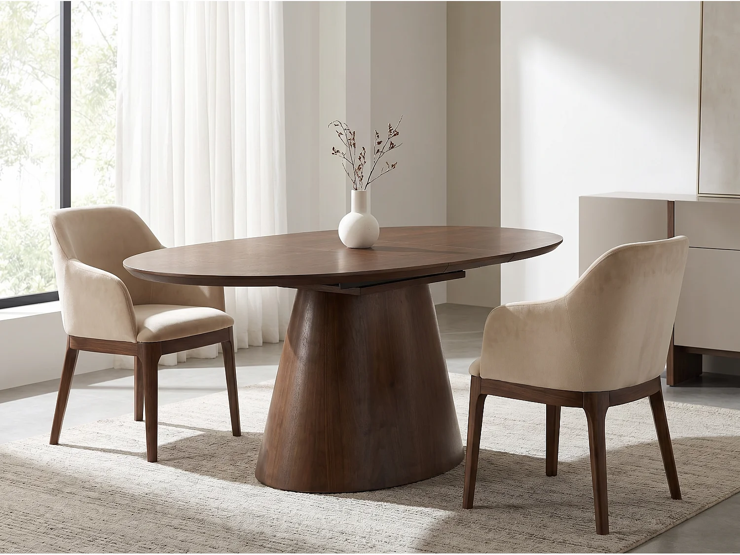 Table à manger Ovana - Extensible avec plateau et piétement en finition bois noyer 160 à 200 cm - Homeluxury