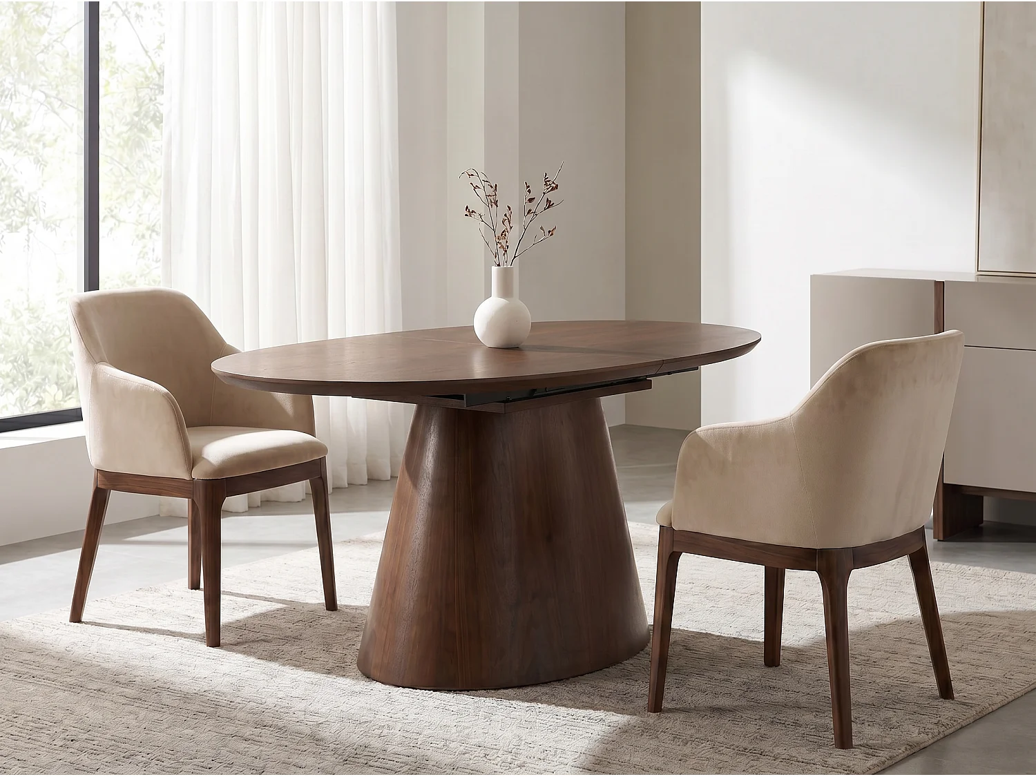 Table à manger Ovana - Extensible avec plateau et piétement en finition bois noyer 160 à 200 cm - Homeluxury