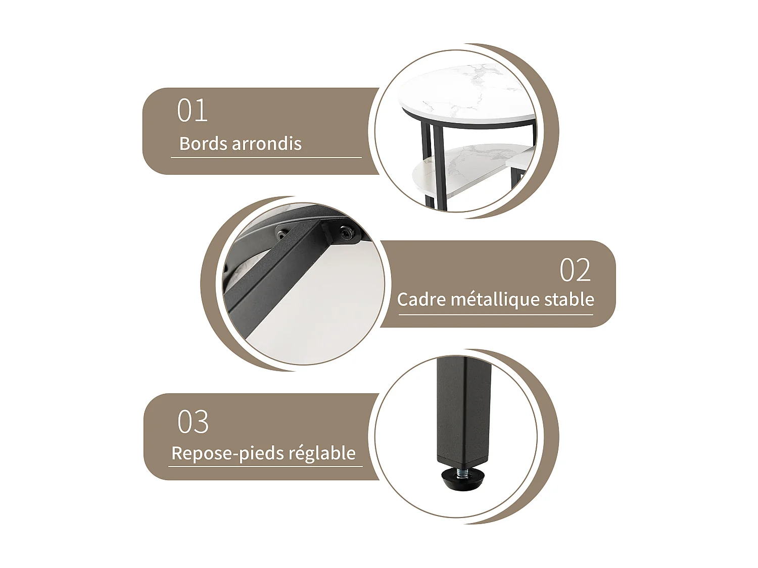 Lot de 2 tables basses - Aspect marbre - Avec cadre en métal et étagère - pour salon, Noir ovale