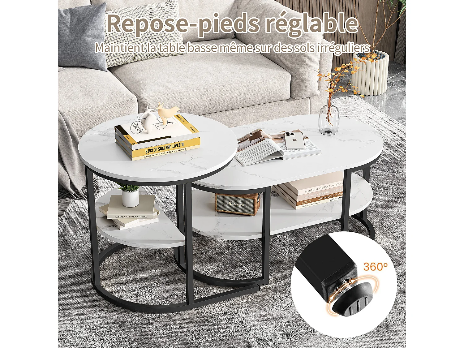 Lot de 2 tables basses - Aspect marbre - Avec cadre en métal et étagère - pour salon, Noir ovale