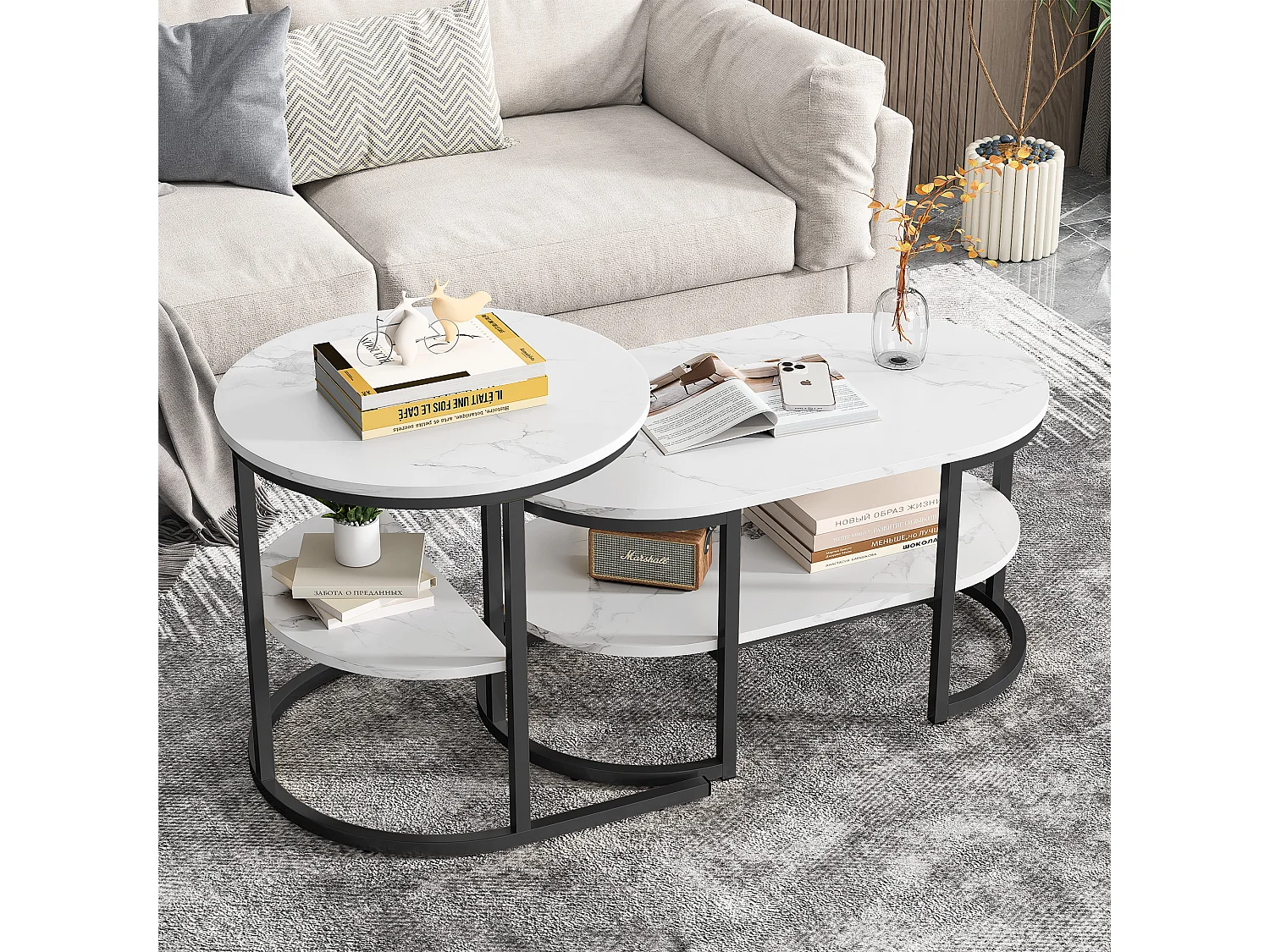 Lot de 2 tables basses - Aspect marbre - Avec cadre en métal et étagère - pour salon, Noir ovale