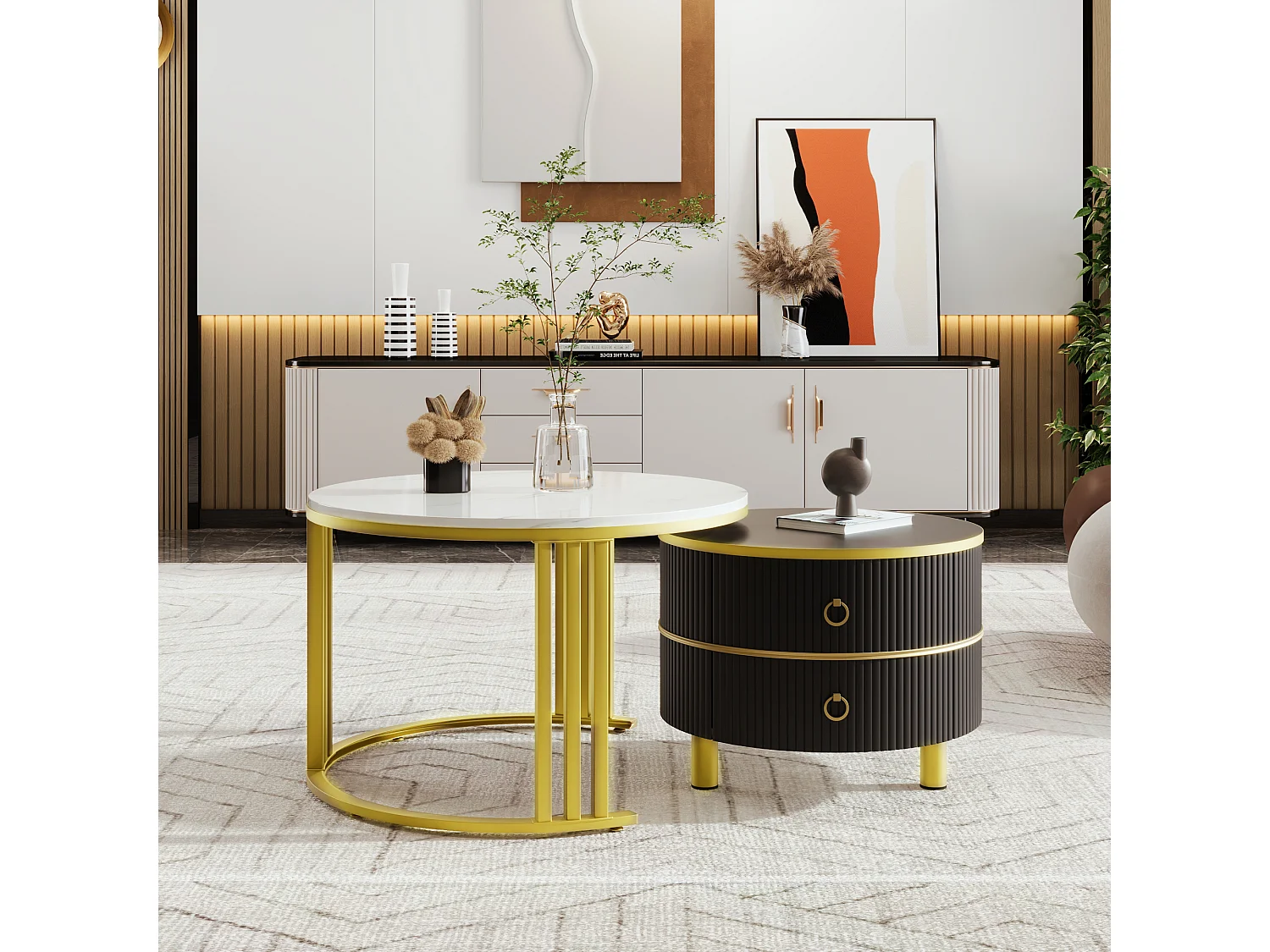 Set of 2 nesting coffee tables with 2 drawers - marble pattern top - Gold & Black