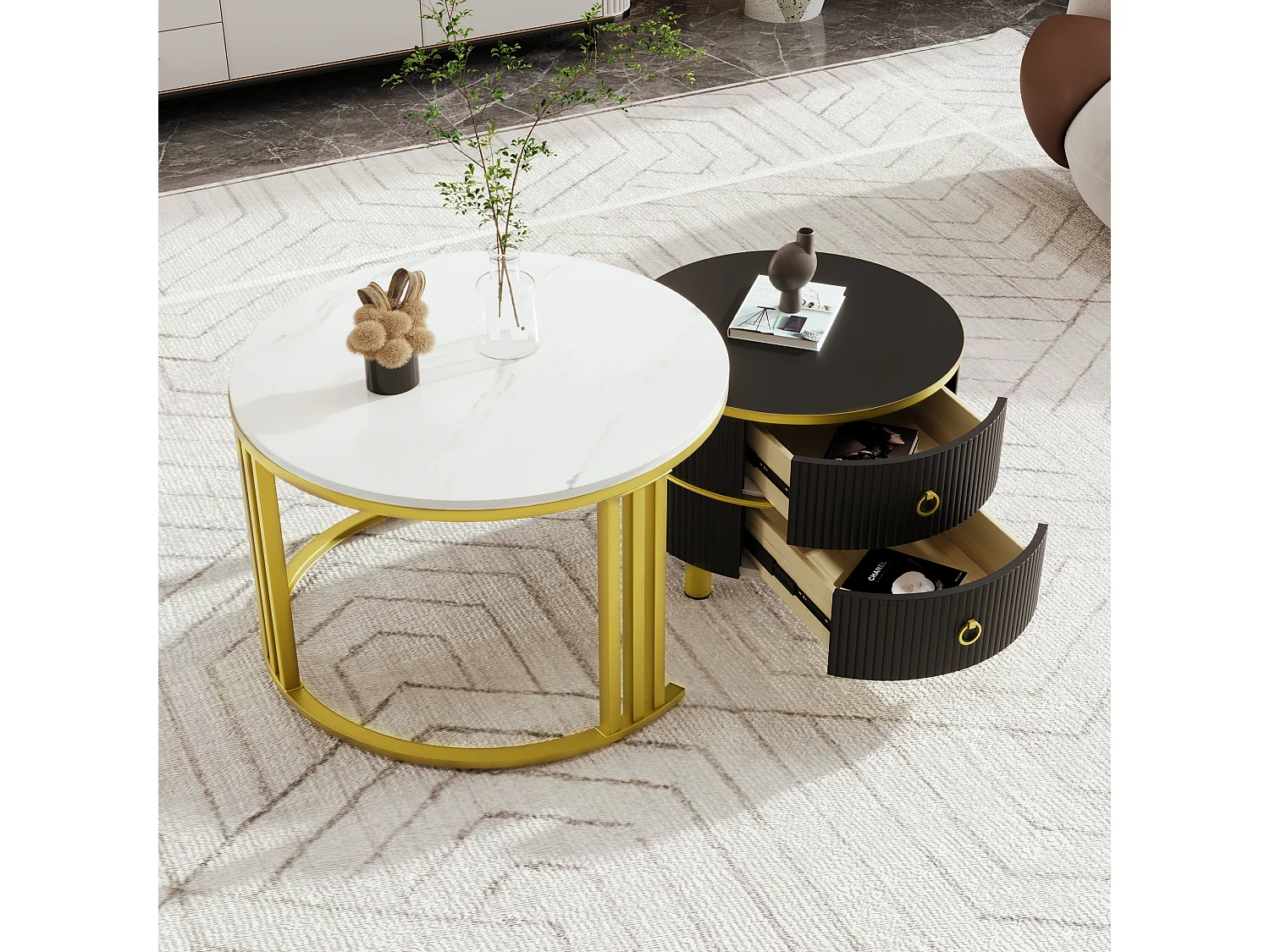 Set of 2 nesting coffee tables with 2 drawers - marble pattern top - Gold & Black