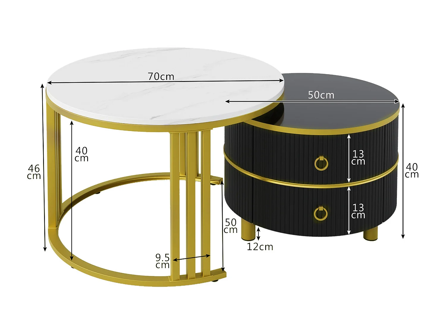 Set of 2 nesting coffee tables with 2 drawers - marble pattern top - Gold & Black