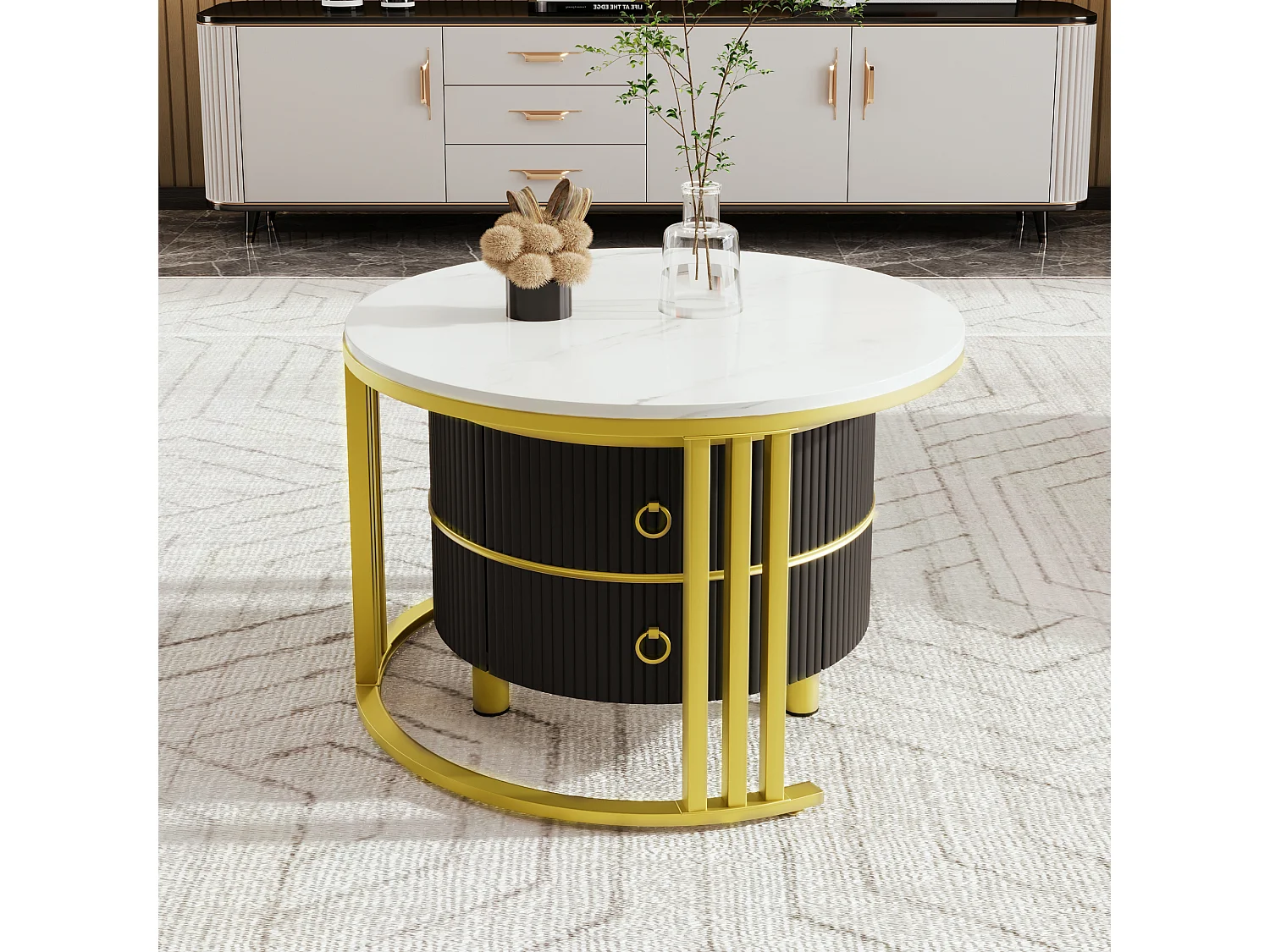 Set of 2 nesting coffee tables with 2 drawers - marble pattern top - Gold & Black