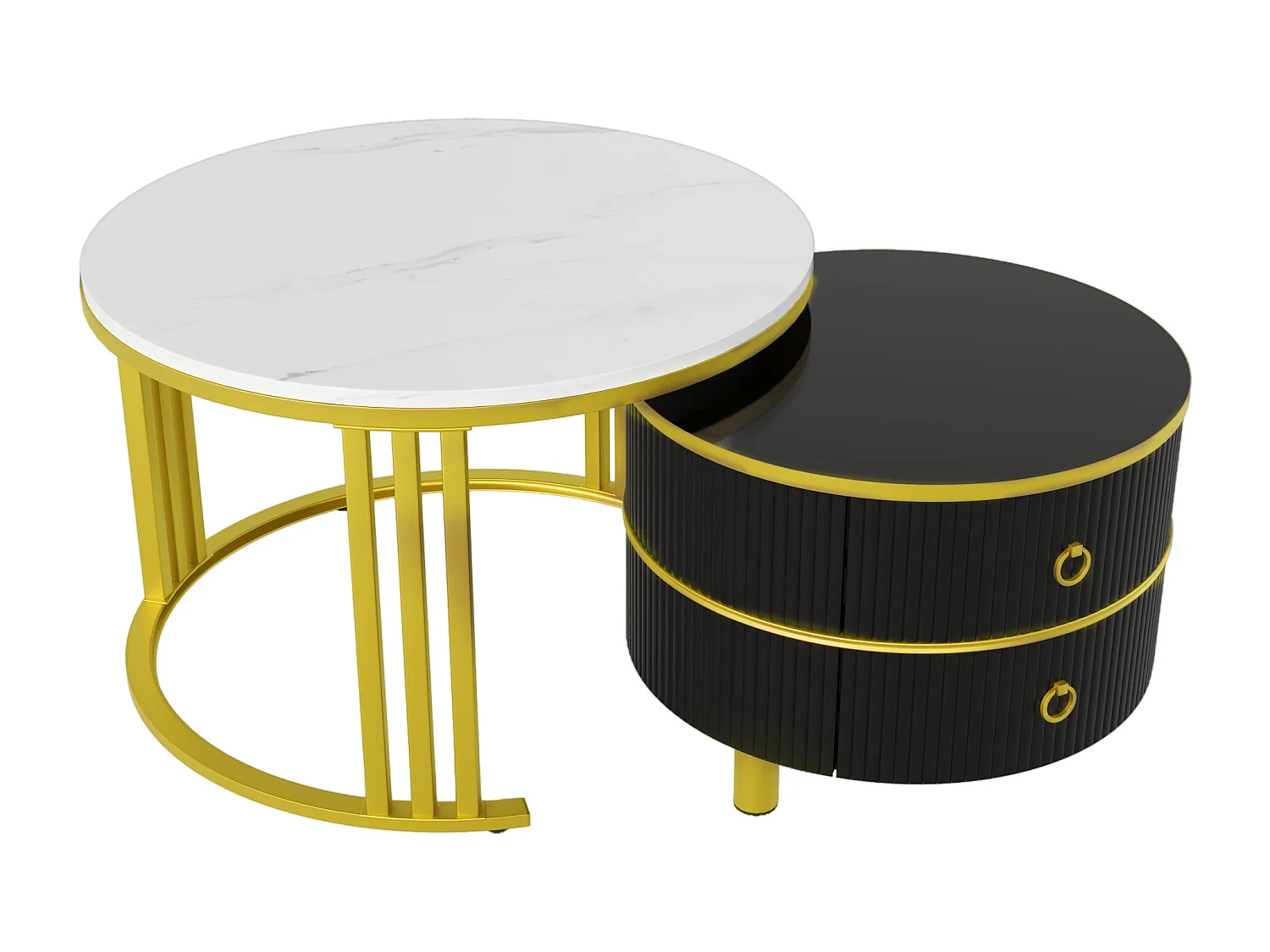 Set of 2 nesting coffee tables with 2 drawers - marble pattern top - Gold & Black