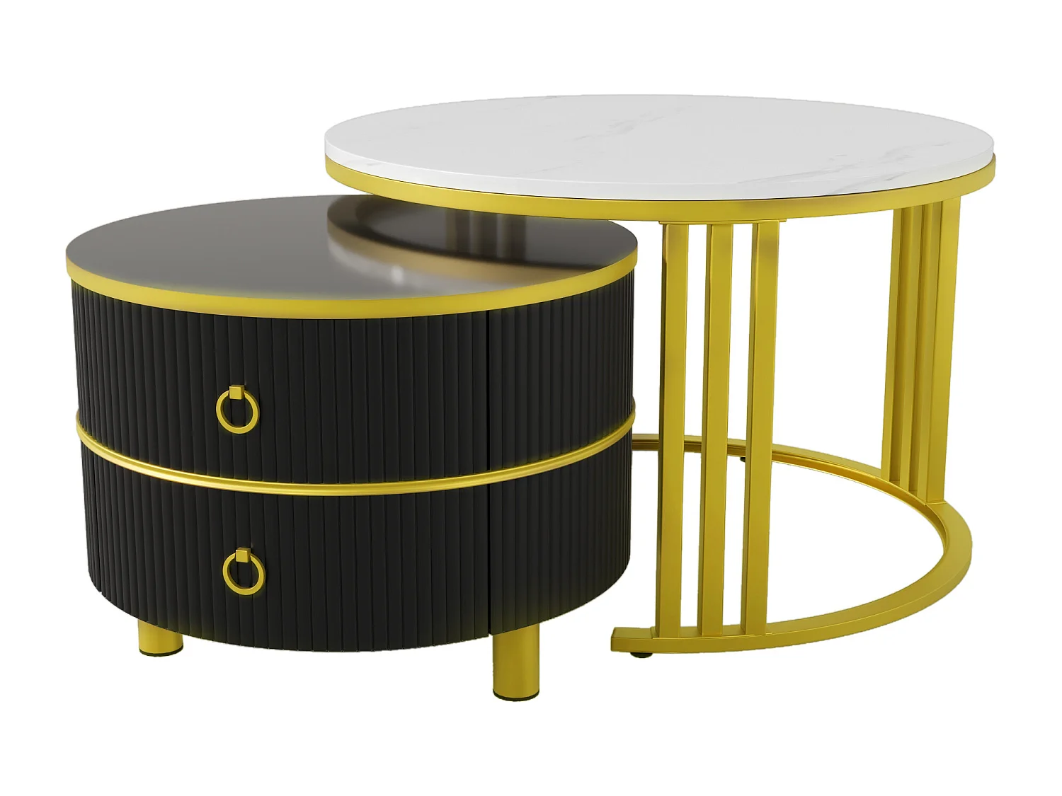 Set of 2 nesting coffee tables with 2 drawers - marble pattern top - Gold & Black
