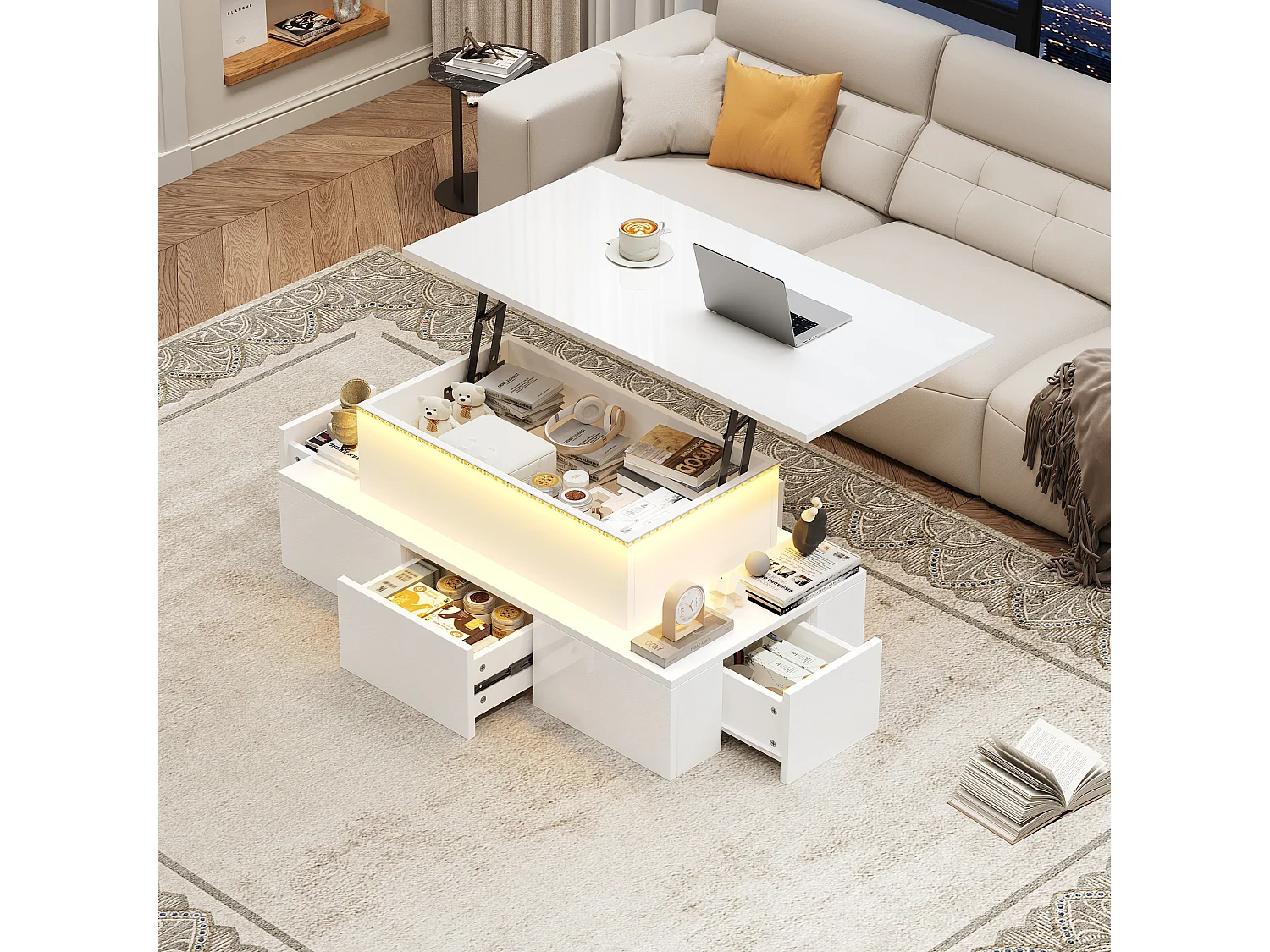 Lift-top coffee table 100x50x40 cm - with 4 drawers - with LED lighting - hidden storage - glossy finish - MDF - White