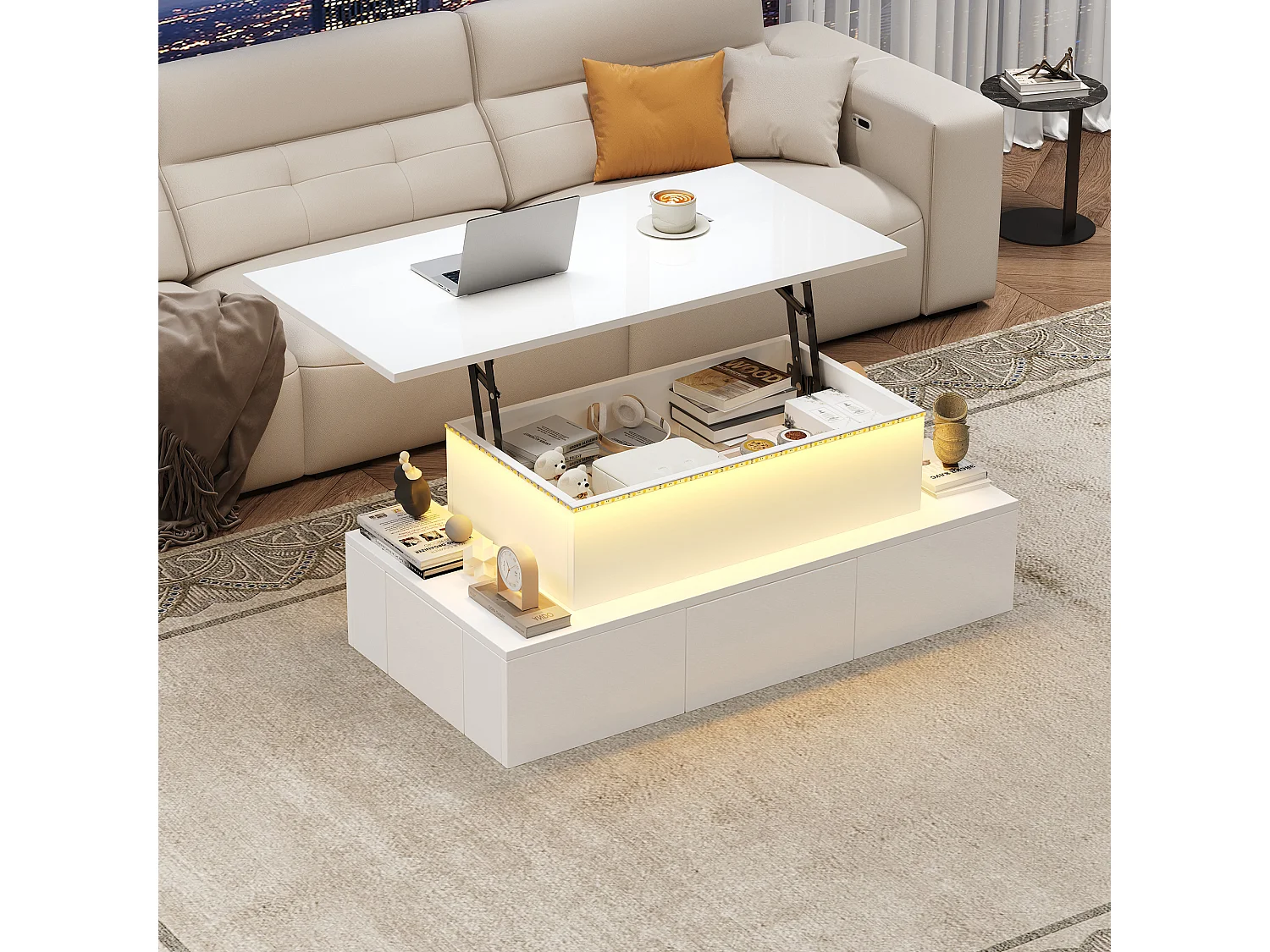 Lift-top coffee table 100x50x40 cm - with 4 drawers - with LED lighting - hidden storage - glossy finish - MDF - White