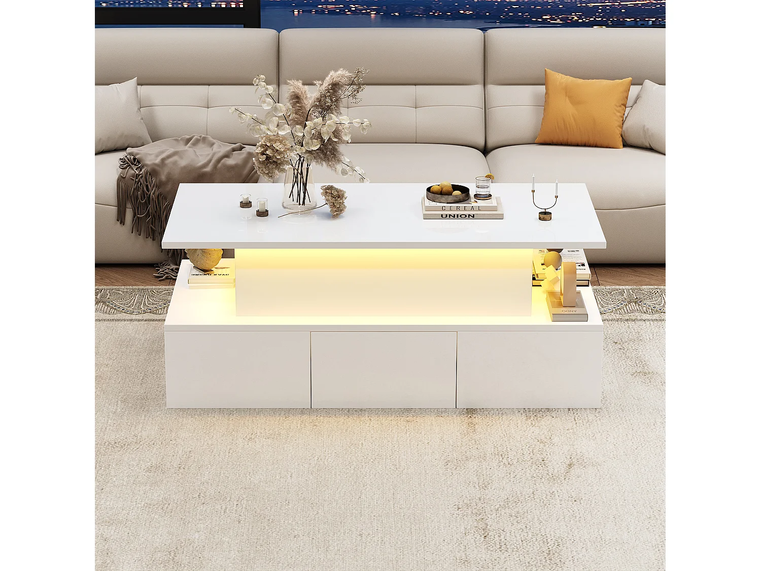 Lift-top coffee table 100x50x40 cm - with 4 drawers - with LED lighting - hidden storage - glossy finish - MDF - White