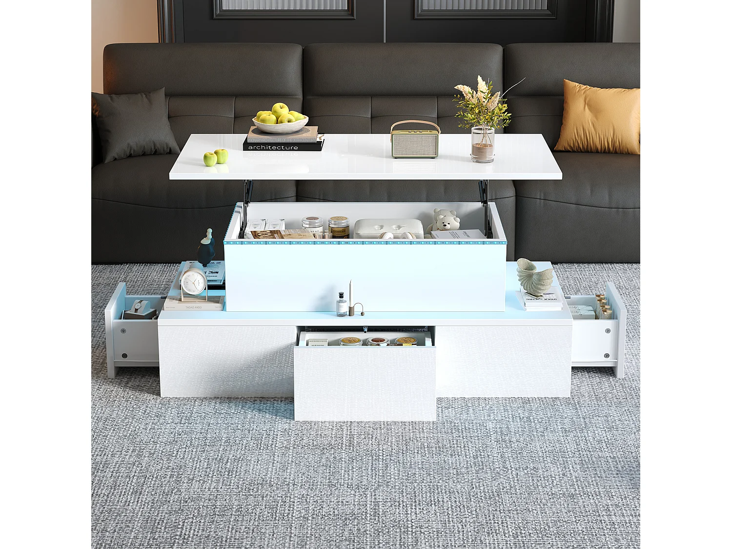Lift-top coffee table 100x50x40 cm - with 4 drawers - with LED lighting - hidden storage - glossy finish - MDF - White