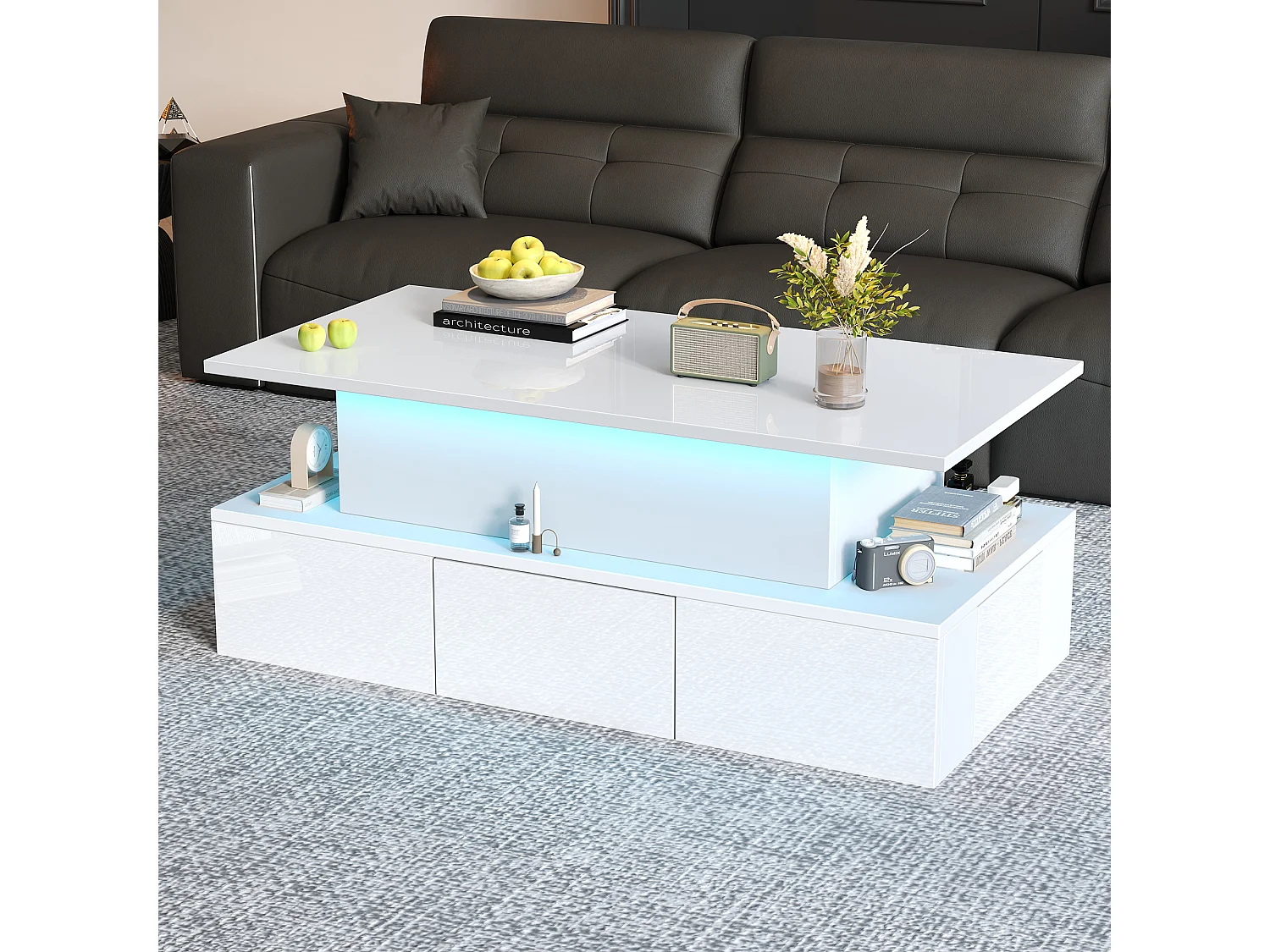 Lift-top coffee table 100x50x40 cm - with 4 drawers - with LED lighting - hidden storage - glossy finish - MDF - White