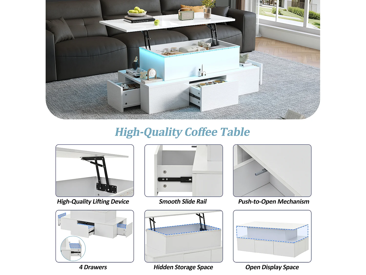 Lift-top coffee table 100x50x40 cm - with 4 drawers - with LED lighting - hidden storage - glossy finish - MDF - White
