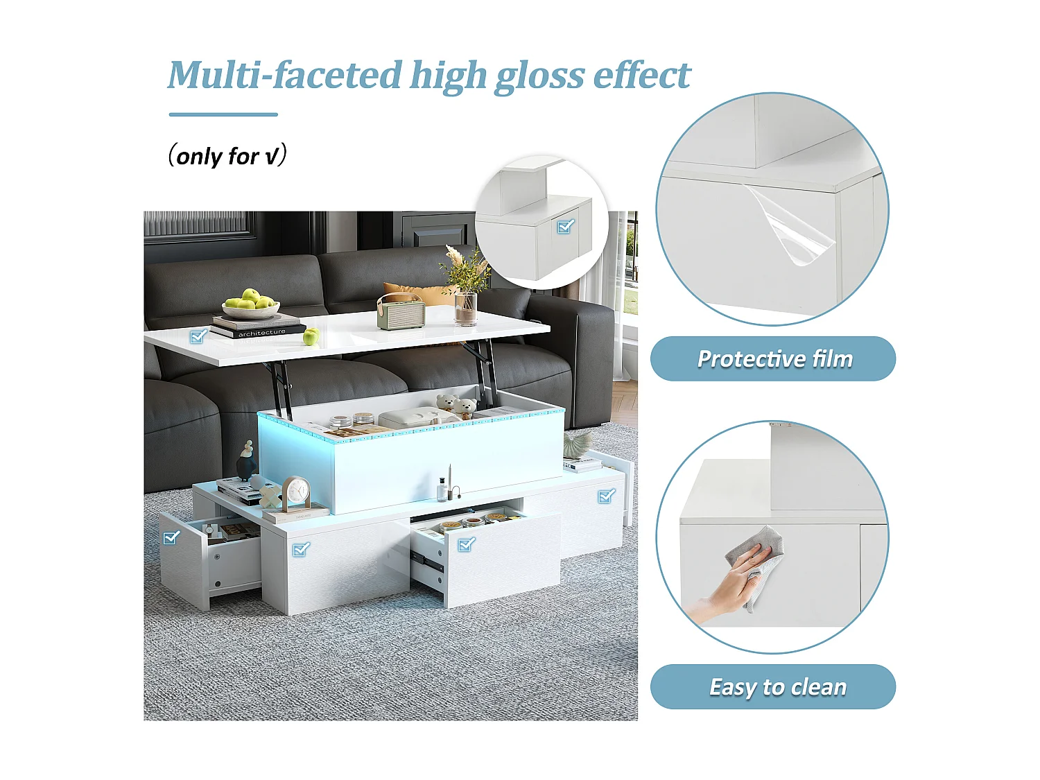 Lift-top coffee table 100x50x40 cm - with 4 drawers - with LED lighting - hidden storage - glossy finish - MDF - White