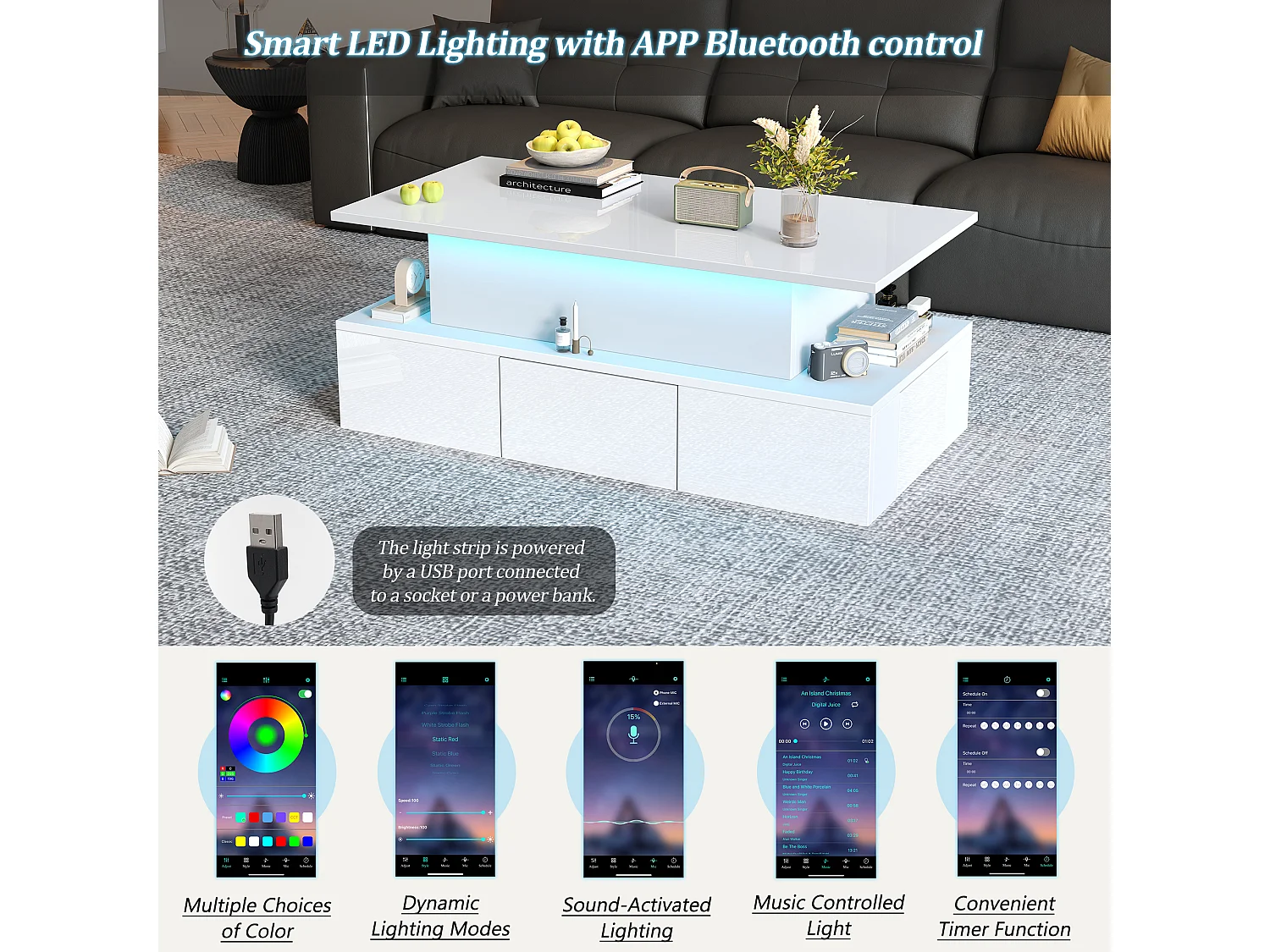 Lift-top coffee table 100x50x40 cm - with 4 drawers - with LED lighting - hidden storage - glossy finish - MDF - White
