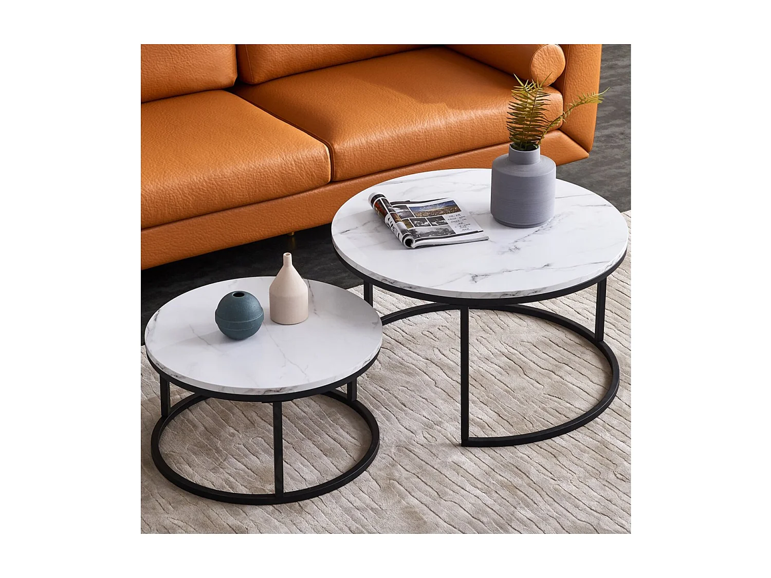 Lot de 2 tables basses gigognes rondes effet marbre, table basse avec structure métal doré, tables salon design moderne