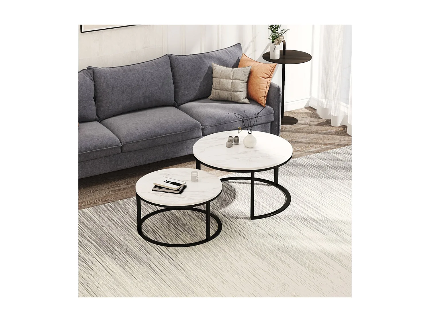 Lot de 2 tables basses gigognes rondes effet marbre, table basse avec structure métal doré, tables salon design moderne