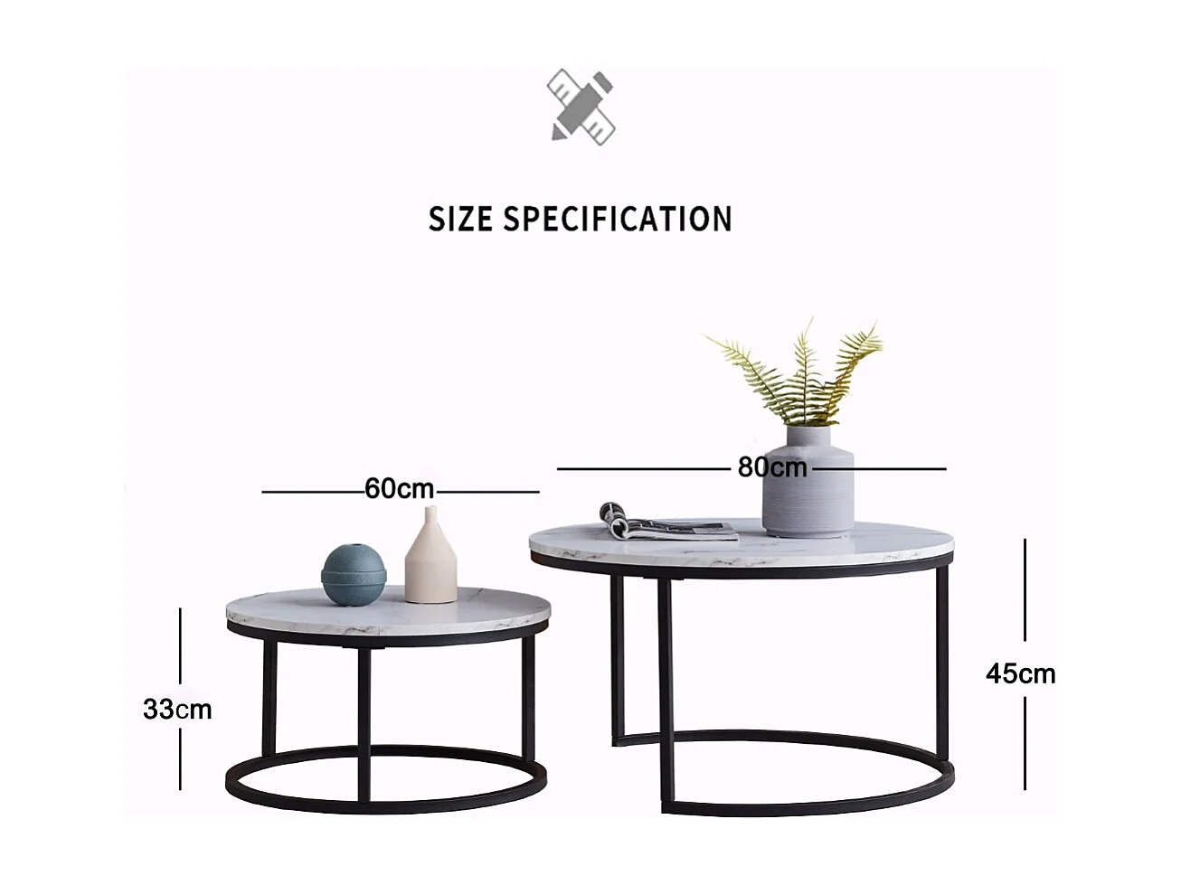Lot de 2 tables basses gigognes rondes effet marbre, table basse avec structure métal doré, tables salon design moderne