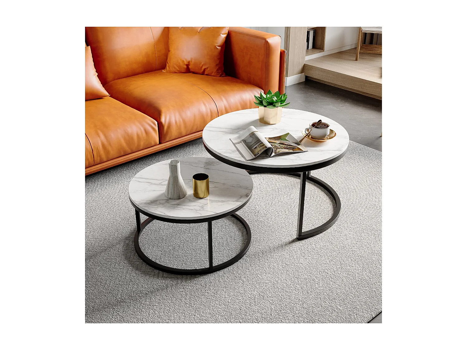 Lot de 2 tables basses gigognes rondes effet marbre, table basse avec structure métal doré, tables salon design moderne