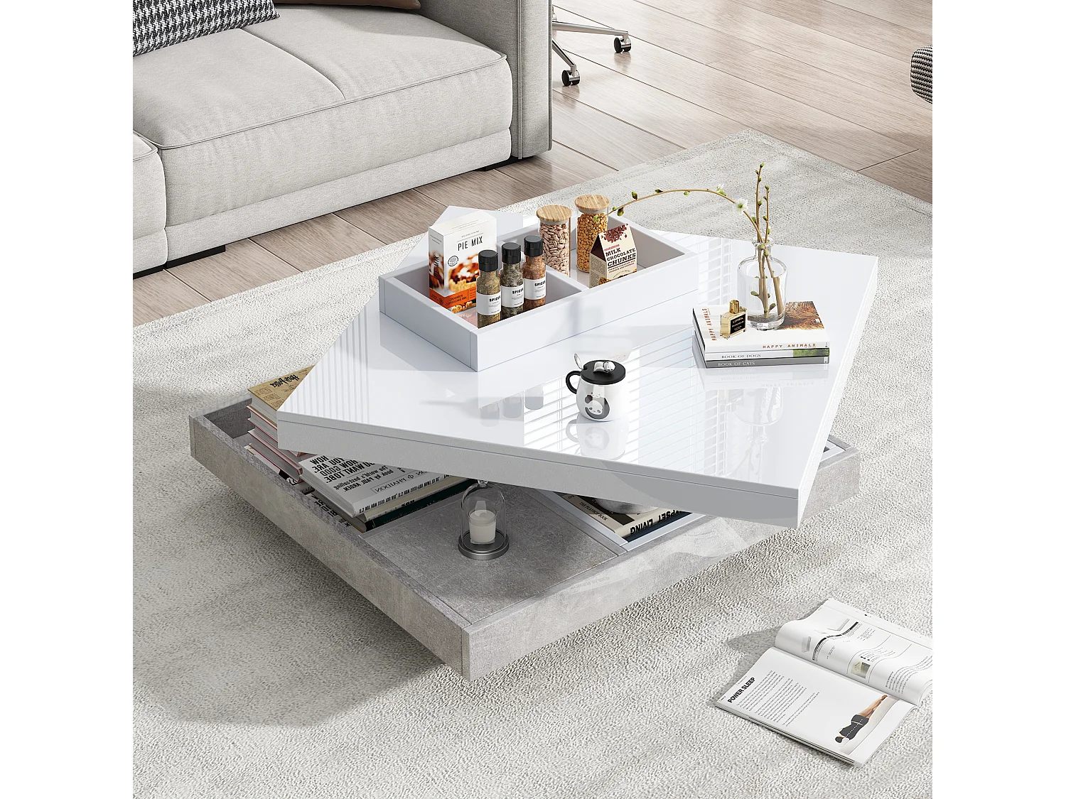 Coffee Table with Storage 70x70x36 cm - 360° Rotating Glossy Top - White & Grey