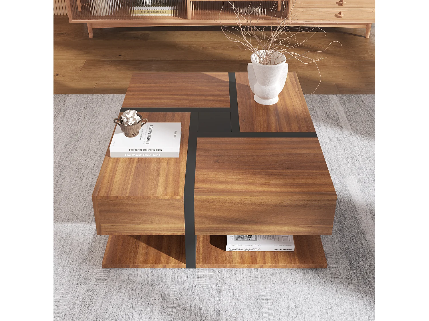 Coffee table - 4 drawers - storage space at the bottom - 78x78x36cm - Natural