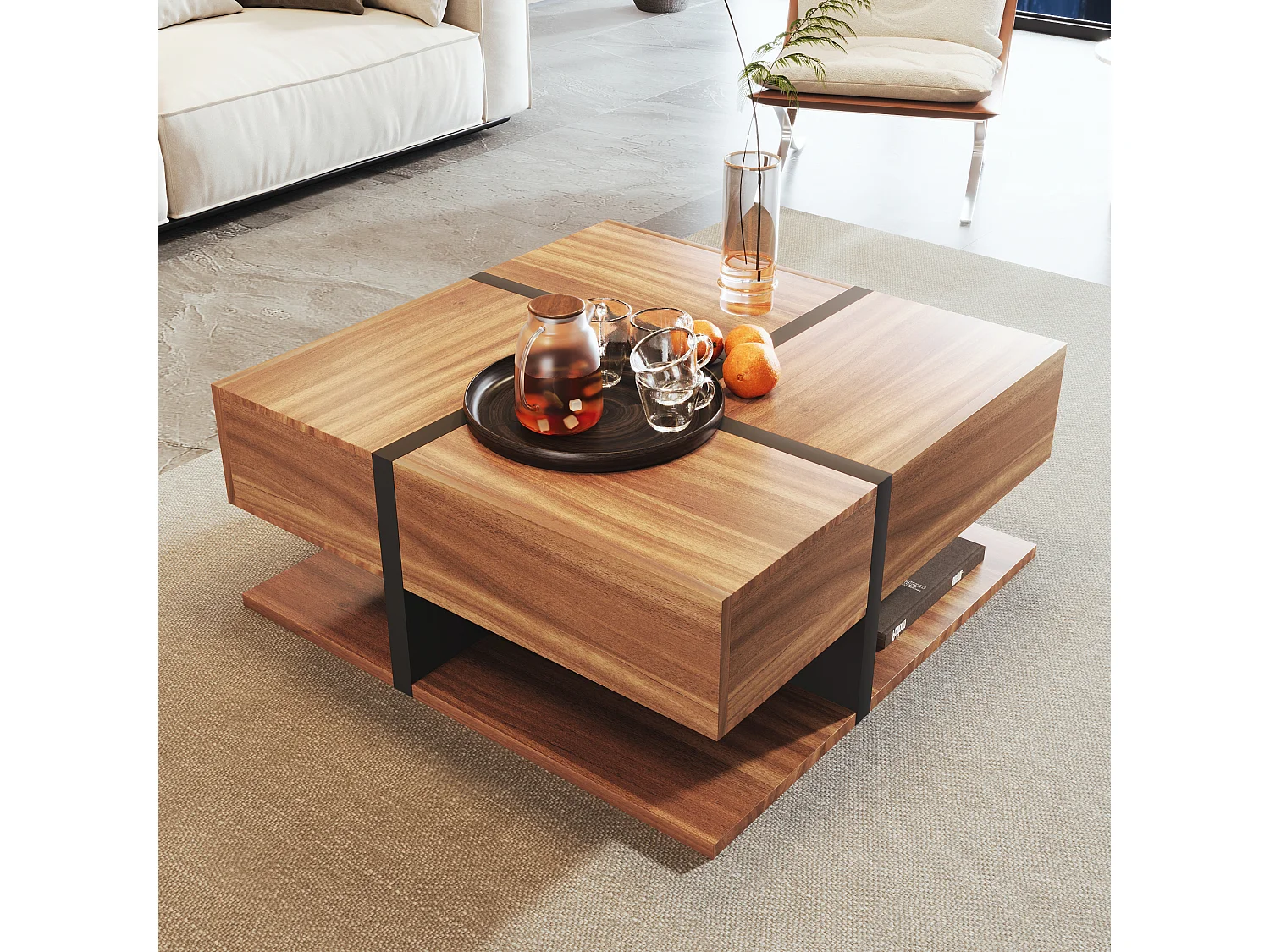 Coffee table - 4 drawers - storage space at the bottom - 78x78x36cm - Natural