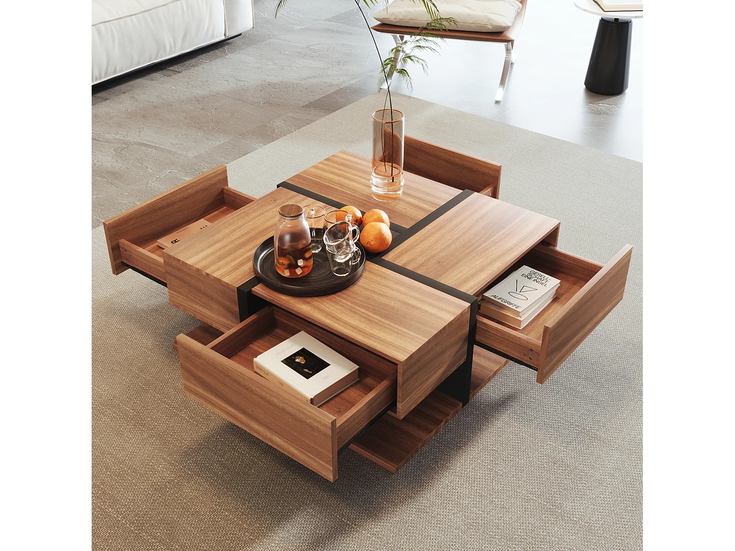 Coffee table - 4 drawers - storage space at the bottom - 78x78x36cm - Natural