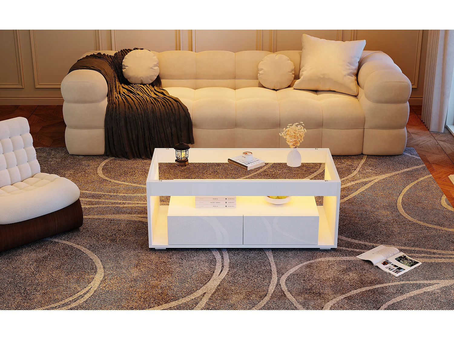 Glossy coffee table 100x50x40 cm - with 2 drawers - with LED lighting - Glass top - White